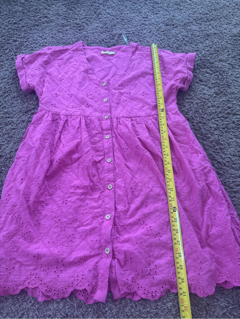 ENTRO Pink Eyelet Cotton Shirt Dress A Line Babydoll Short Sleeve S - Picture 9 of 10